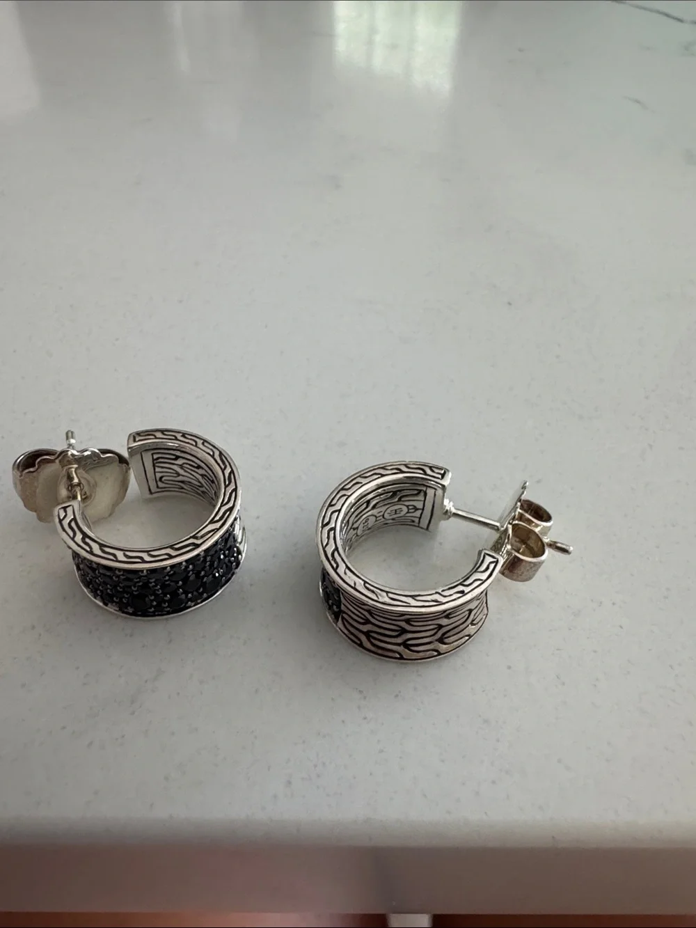 John Hardy Classic Sterling Silver Hoop Earrings Treated Black Sapphire Spinel